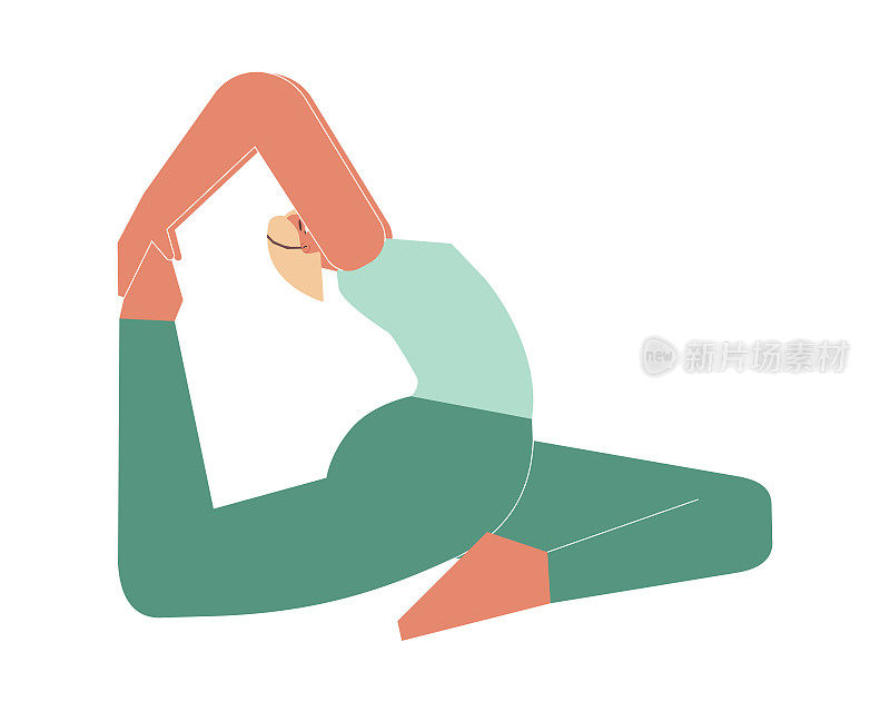 矢量插图与女性角色。运动型女子在瑜伽课上学习开臀姿势Eka Pada rajakapotana I。健身运动-单腿王鸽子式